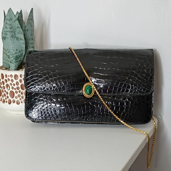Pedro Garcia Handbags - Vintage 60s Pedro Mayorga Buenos Aires Black Crocodile Embossed Clutch